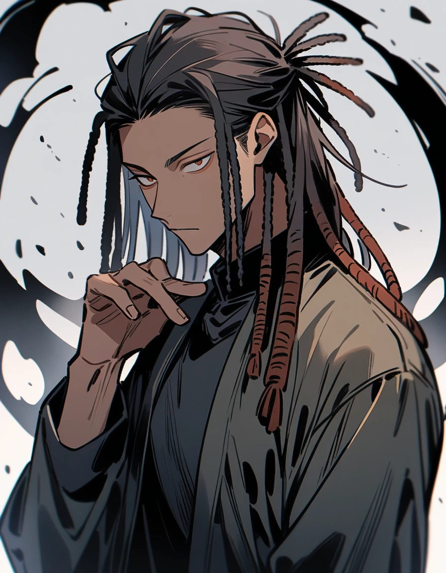 (1boy,jujutsu kaisen) solo, blunt in hand, (black jacket with black fur) (brown skin color), messy look, black hair, ((dreadlock hairstyle)), brown eyes, masterpiece, best quality, high quality, upper body, male focus, eye bags