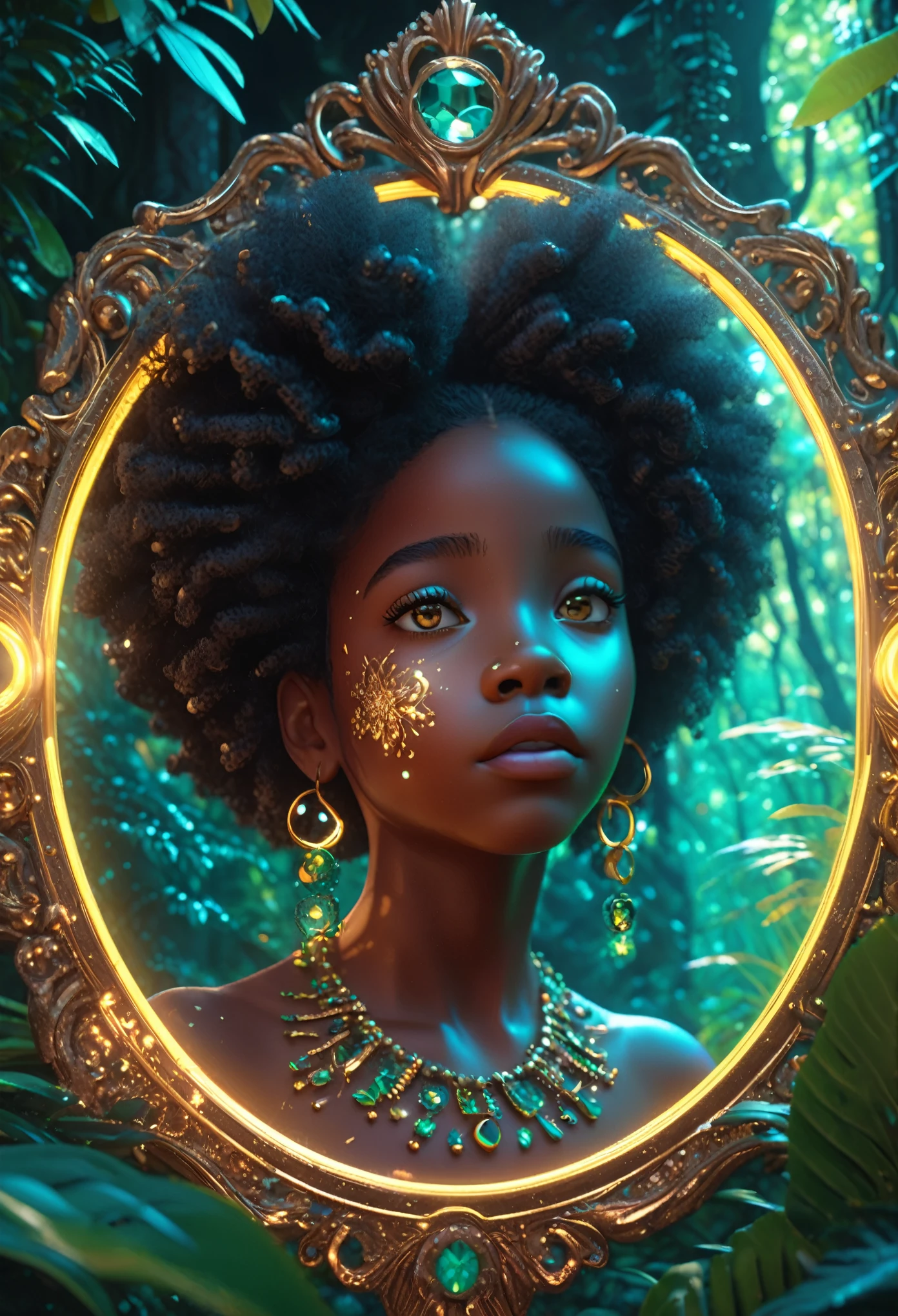 A stunning 3D render of surrealism art set against a lush, emerald forest backdrop, where dappled sunlight filters through dense foliage. One black young girl, her afro-puffs adorned with twinkling beads, gazes in awe at a majestic, mature black woman reflected in a gilded, ornate mirror. Exaggerated facial features, intricate skin textures, and vibrant, neon colors create a dreamlike atmosphere, amplified by a dramatic ring light. Rendered using Unreal Engine, Octane Engine, and V-Ray, this cinematic scene embodies the whimsy and fantasy of Pixar-esque animation.