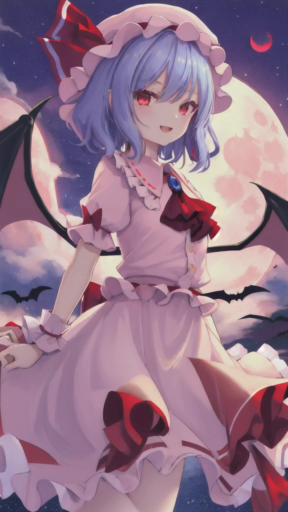 best quality, masterpiece, highres, solo, {remilia_scarlet_touhou:1.15}, red_eyes, short_hair, bat_wings, wings, ribbon, hat, blue_hair, mob_cap, hair_between_eyes, hat_ribbon, bangs, smile, upper_body, red_ribbon, 1girl, full_moon, looking_at_viewer, moon, night, outdoors, pink_headwear, puffy_short_sleeves, puffy_sleeves, red_moon, shirt, short_sleeves, sky, ascot, frilled_shirt_collar, frills, night_sky, open_mouth, pink_skirt, purple_hair, red_ascot, skirt, wrist_cuffs, bow, cloud, pink_dress, red_bow