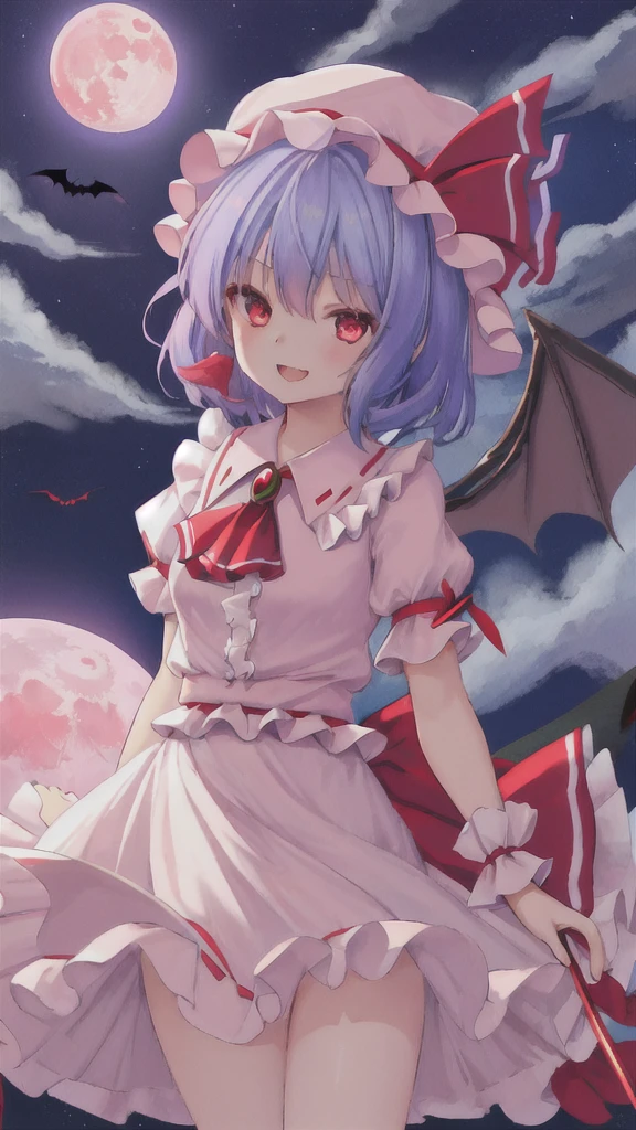 best quality, masterpiece, highres, solo, {remilia_scarlet_touhou:1.15}, red_eyes, short_hair, bat_wings, wings, ribbon, hat, blue_hair, mob_cap, hair_between_eyes, hat_ribbon, bangs, smile, upper_body, red_ribbon, 1girl, full_moon, looking_at_viewer, moon, night, outdoors, pink_headwear, puffy_short_sleeves, puffy_sleeves, red_moon, shirt, short_sleeves, sky, ascot, frilled_shirt_collar, frills, night_sky, open_mouth, pink_skirt, purple_hair, red_ascot, skirt, wrist_cuffs, bow, cloud, pink_dress, red_bow