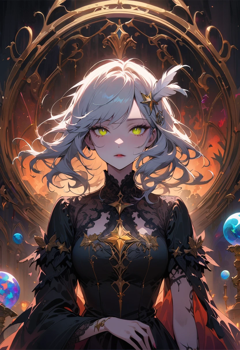 (best quality,4K,Very detailed,Practical:1.2),Mysterious astrologer girl,Pale skin,Long white hair fluttering in the wind,Shiny glasses lenses, A glowing sphere floating,Emerald eyes,Sharp eyes,The strange tattoo on her arm,Crystal Ball,Skull and five-pointed star decoration,Tarot,Mysterious symbols,Dramatic Lighting,Gothic,Black lace dress,Gorgeous jewelry,Feather hair accessories, Dark and scary atmosphere,