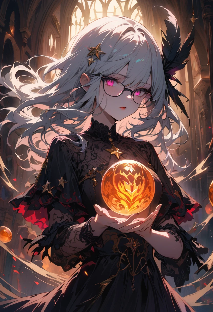 (best quality,4K,Very detailed,Practical:1.2),Mysterious astrologer girl,Pale skin,Long white hair fluttering in the wind,Shiny glasses lenses, A glowing sphere floating,Emerald eyes,Sharp eyes,The strange tattoo on her arm,Crystal Ball,Skull and five-pointed star decoration,Tarot,Mysterious symbols,Dramatic Lighting,Gothic,Black lace dress,Gorgeous jewelry,Feather hair accessories, Dark and scary atmosphere,