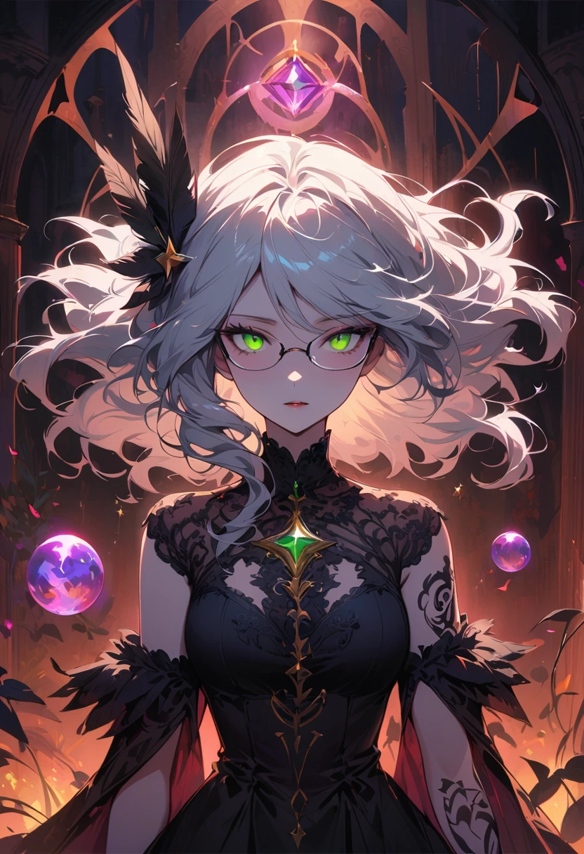 (best quality,4K,Very detailed,Practical:1.2),Mysterious astrologer girl,Pale skin,Long white hair fluttering in the wind,Shiny glasses lenses, A glowing sphere floating,Emerald eyes,Sharp eyes,The strange tattoo on her arm,Crystal Ball,Skull and five-pointed star decoration,Tarot,Mysterious symbols,Dramatic Lighting,Gothic,Black lace dress,Gorgeous jewelry,Feather hair accessories, Dark and scary atmosphere,