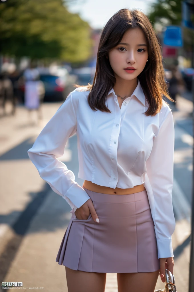 a 16 year old girl, she is the most beautiful actress in the world, the perfect body proportions of this girl, a tightly closed blazer is buttoned up on the formal shirt which is directly worn on her large breasts, her crotch area of the panties are hardly hidden by the short skirt, her bare legs, it's just the front of her body, she is standing straight at the street, nsfw, best quality, highly detailed, masterpiece, ultra high res, photo realistic, 8k, RAW photo
