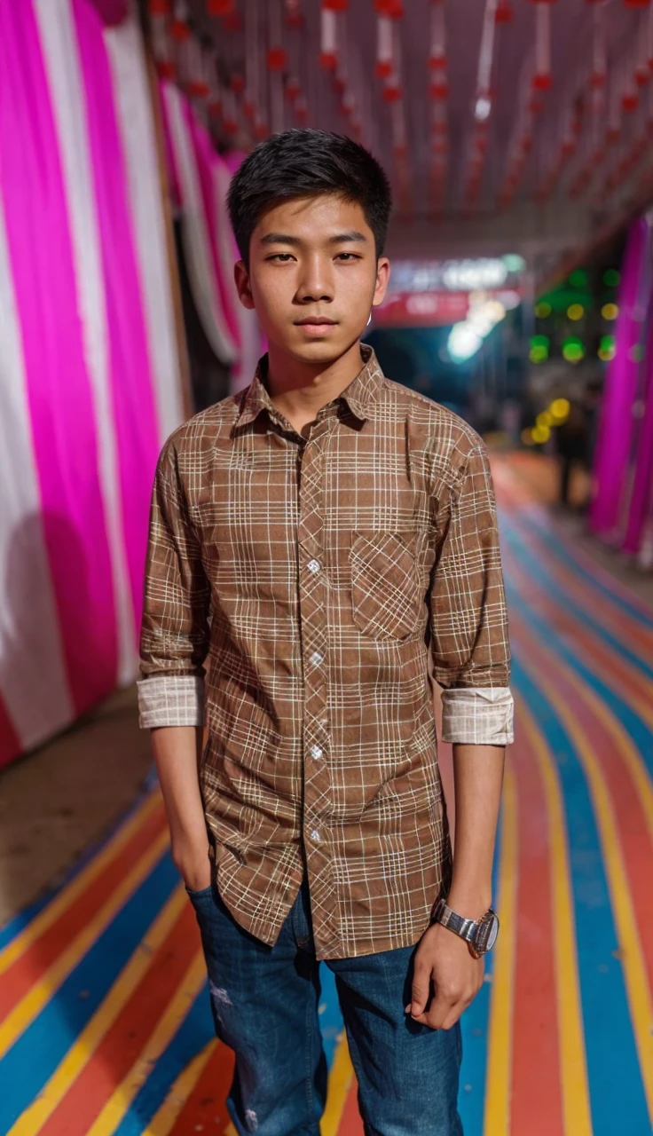A 17 year old asian boy stands in a cyberpunk city,