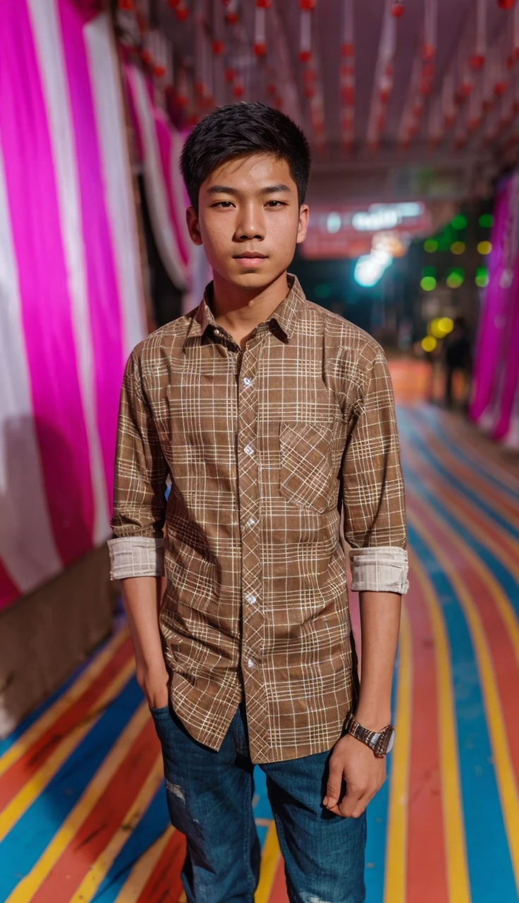 A 17 year old asian boy stands in a cyberpunk city,