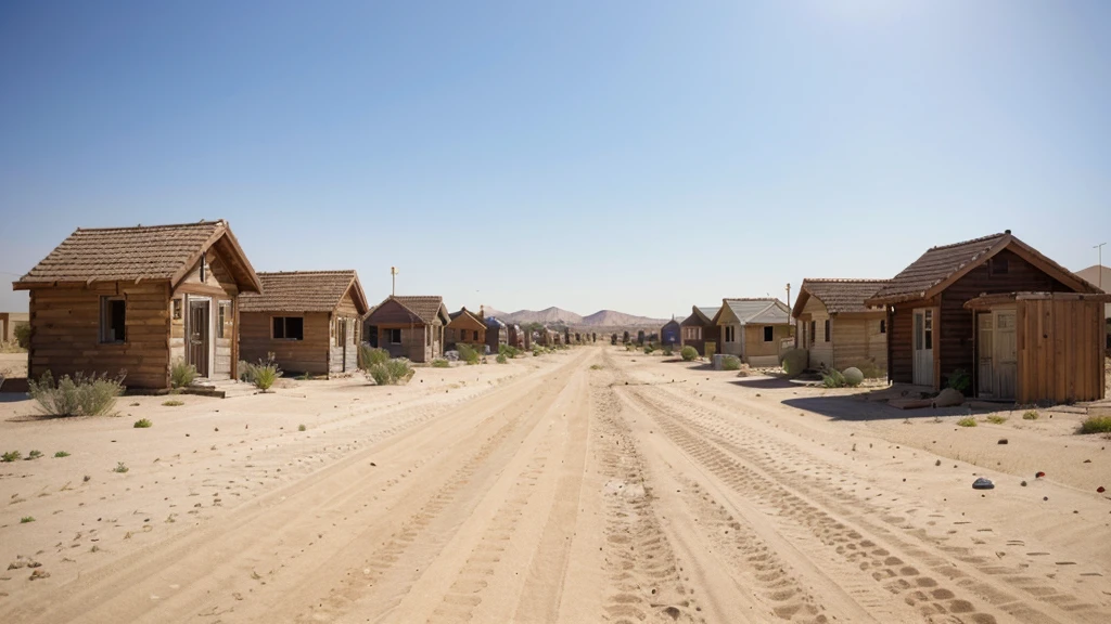 An abandoned residential area with new small wooden houses in a deserted desert