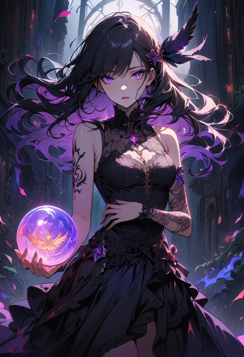 (best quality,4K,Very detailed,Practical:1.2),Mysterious astrologer girl,Pale skin,Long black hair fluttering in the wind,Shiny glasses lenses, A glowing sphere floating,Emerald eyes,Sharp eyes,The strange tattoo on her arm,Crystal Ball,Skull and five-pointed star decoration,Tarot,Mysterious symbols,Dramatic Lighting,Gothic,Black lace dress,Gorgeous jewelry,Feather hair accessories, Dark and scary atmosphere,