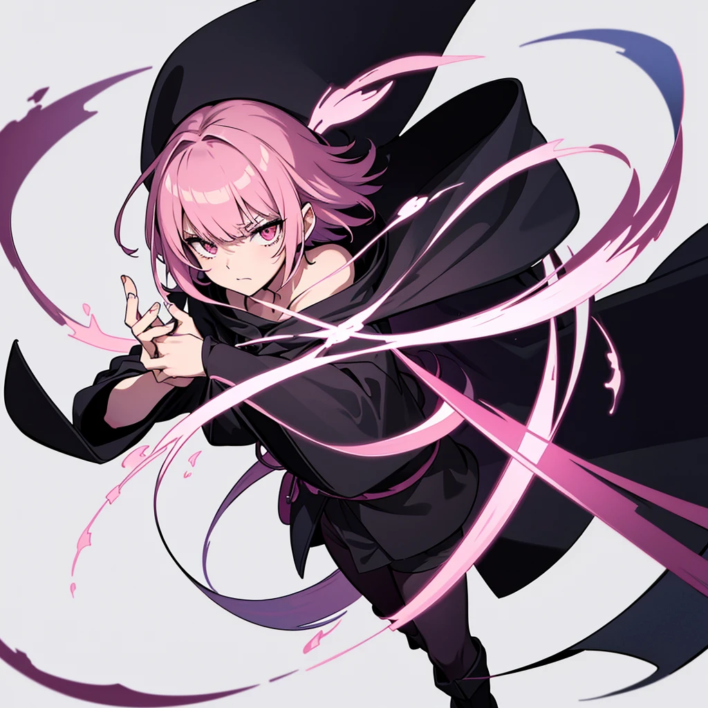 (Full body character concept)、Best illustrations、Best Quality、(Solo、23 years old)、(The same face:1.1),Medieval Fantasy、Magic wand,(White Background)、(Pink Hair、Very Short Hair、Align your bangs)、(Black hood、Long sleeve、Black Robe、pants、Knee-high boots)、(From above at an angle)、Run、(get annoyed)、Cowboy Shot、Look to the right