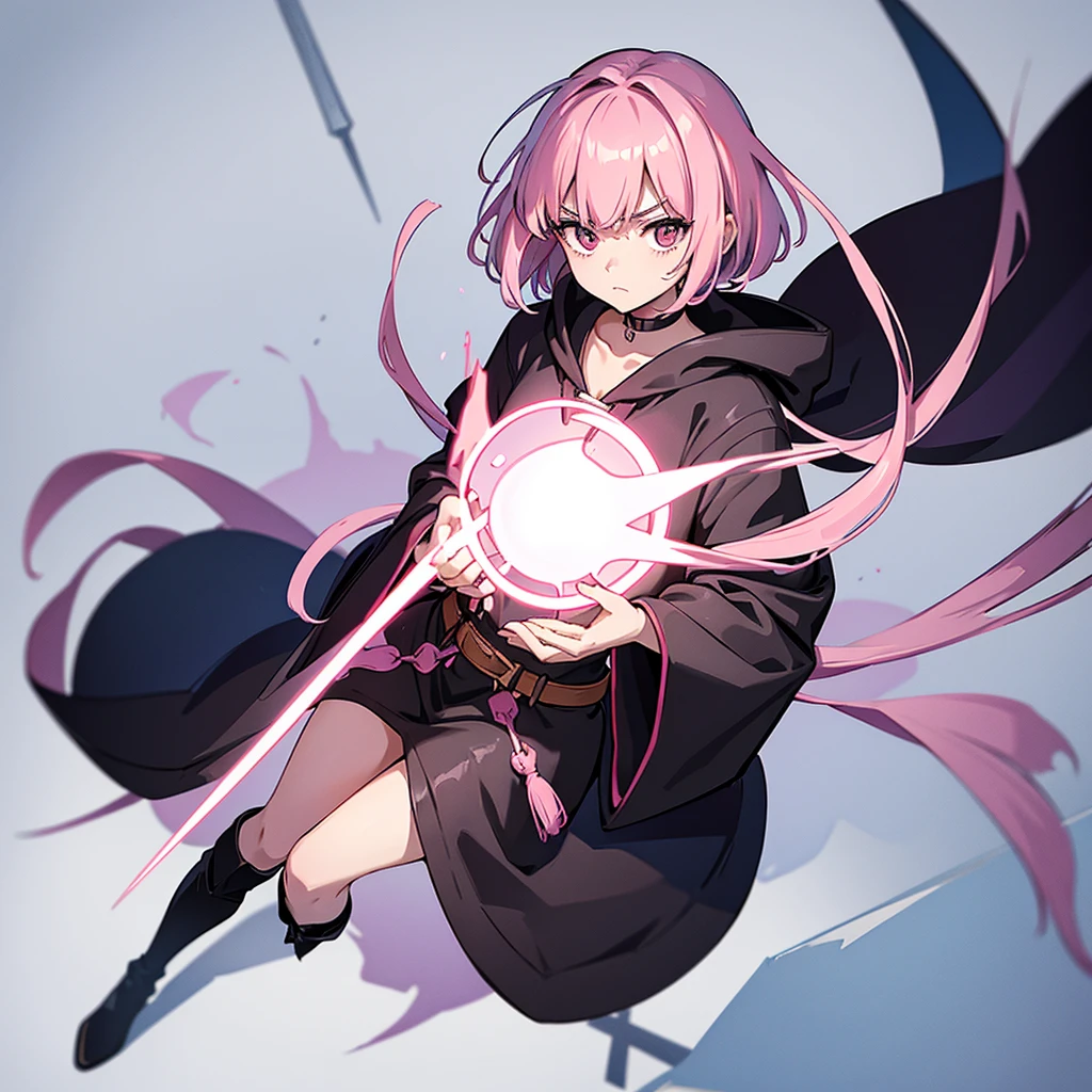 (Full body character concept)、Best illustrations、Best Quality、(Solo、23 years old)、(The same face:1.1),Medieval Fantasy、Magic wand,(White Background)、(Pink Hair、Very Short Hair、Align your bangs)、(Black hood、Long sleeve、Black Robe、pants、Knee-high boots)、(From above at an angle)、Run、(get annoyed)、Cowboy Shot、Look to the right