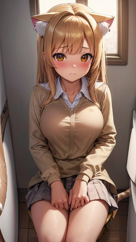(masterpiece, highest quality:1.2), High resolution, Intricate details, Super detailed, (Highly detailed CG, unity 8k wallpaper), Clear image, (Cat ears:1.5), (School uniform:1.3), (sitting in the toilet:1.3), Blushed face, Medium breast, (Sunshine:1.2),
Blushed face, (From below),