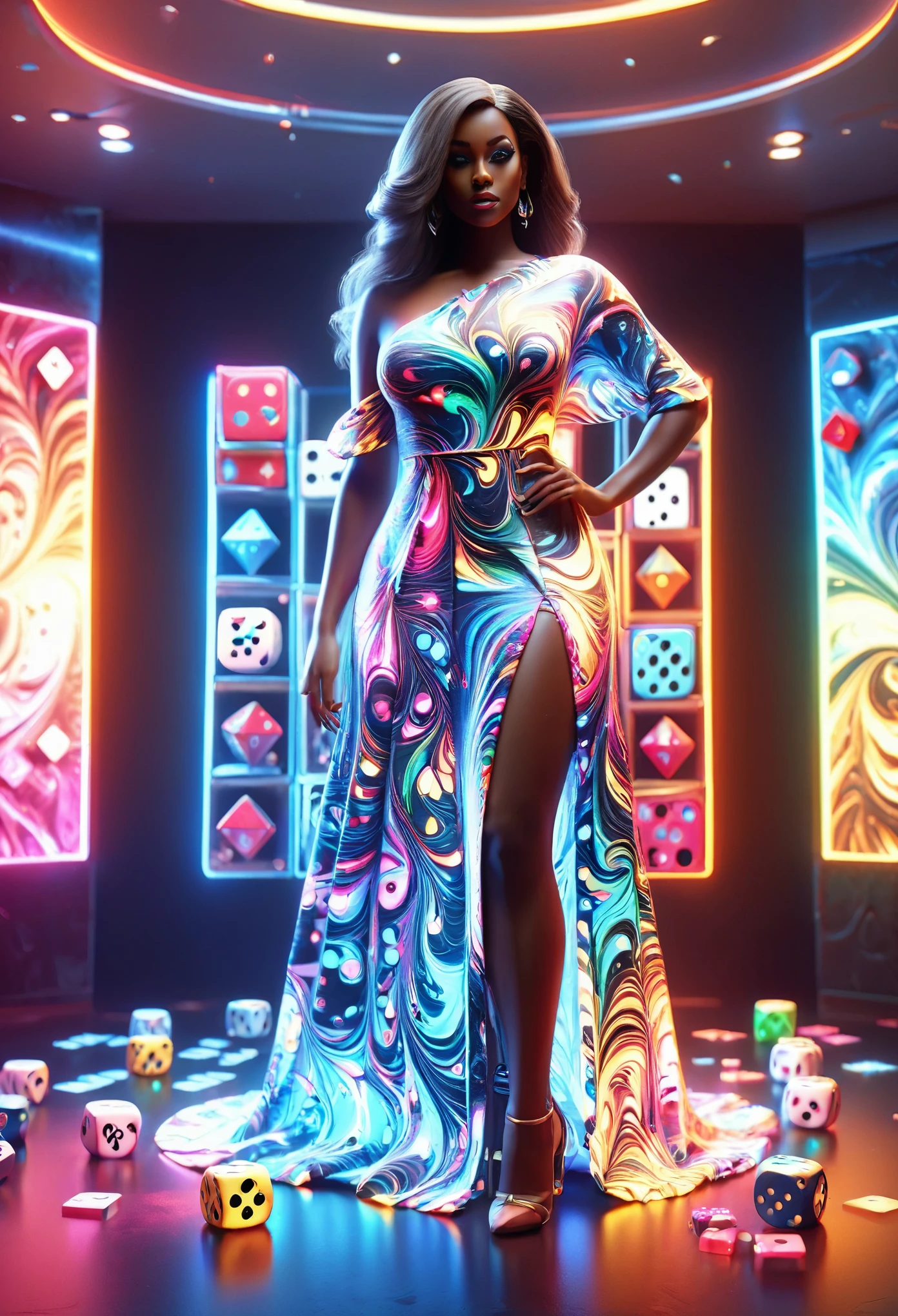 Full body shot of a curvy Black woman in a beautiful dress, standing model pose in a dice designed room, throwing dice at the viewer, with rolling dice designs on the walls, floor and ceilings, 32k ultra HD, unreal engine rendered, hyper-realistic image,