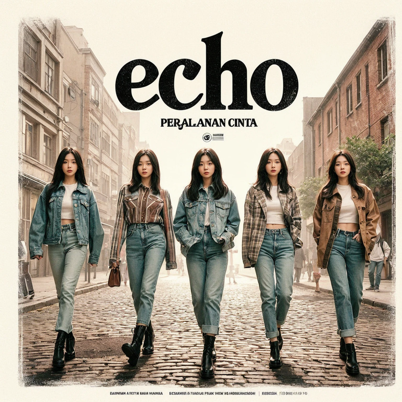 The album cover for "PERJALANAN CINTA" by ECHO shows five Korean female band members walking confidently down a cobblestone street in casual, stylish outfits with jackets, shirts, and jeans. The backdrop is a vintage urban setting with buildings and greenery. "ECHO" is prominently displayed in bold, distressed white letters, with "PERJALANAN CINTA" below it, blending modern style with a cool urban vibe.