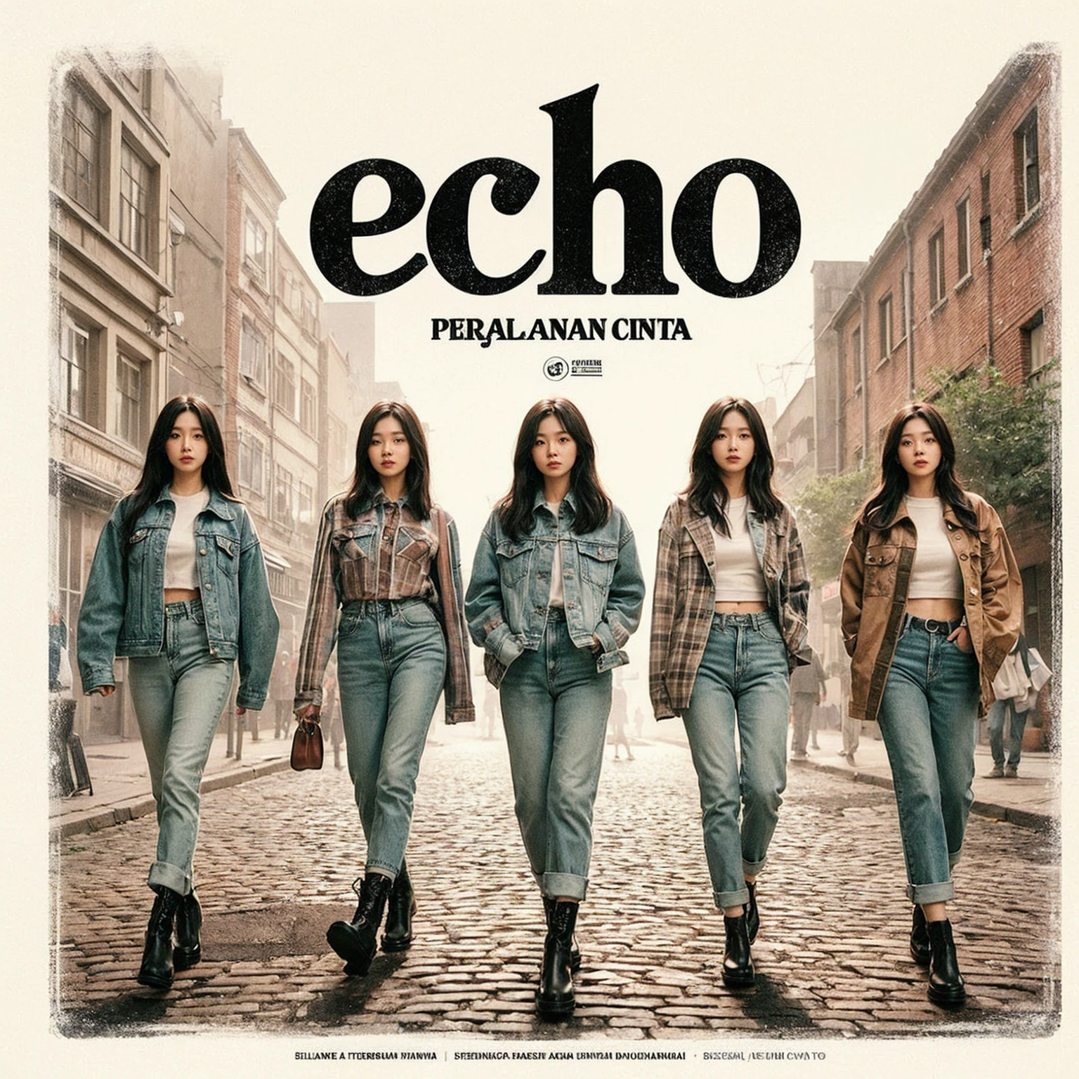 The album cover for "PERJALANAN CINTA" by ECHO shows five Korean female band members walking confidently down a cobblestone street in casual, stylish outfits with jackets, shirts, and jeans. The backdrop is a vintage urban setting with buildings and greenery. "ECHO" is prominently displayed in bold, distressed white letters, with "PERJALANAN CINTA" below it, blending modern style with a cool urban vibe.