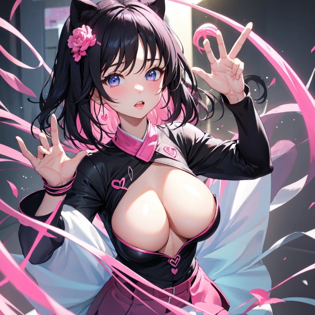 Eyes are hearts、Eye color is pink、Beautiful black-haired girl、Big Breasts