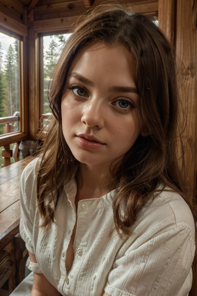 a young white female, sitting railing above living room of a modern day cabin, extremely detailed and realistic, beautiful detailed eyes, beautiful detailed lips, extremely detailed face, long eyelashes, elegant expression, serene and contemplative pose, wooden log cabin, high ceilings, natural lighting, warm color tones, photorealistic, cinematic composition, masterpiece, 4k