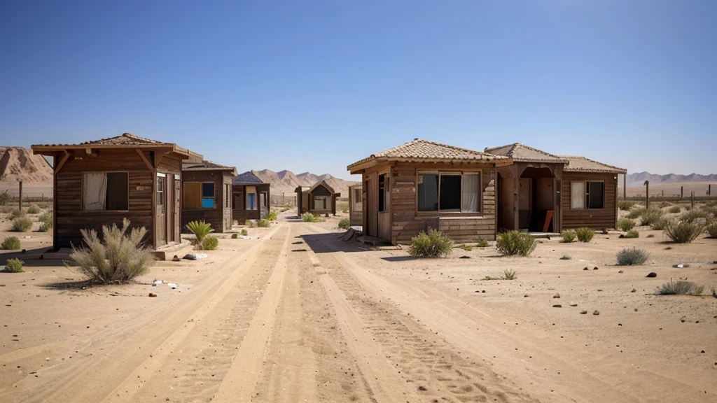 An abandoned residential area with new small wooden houses in a deserted desert