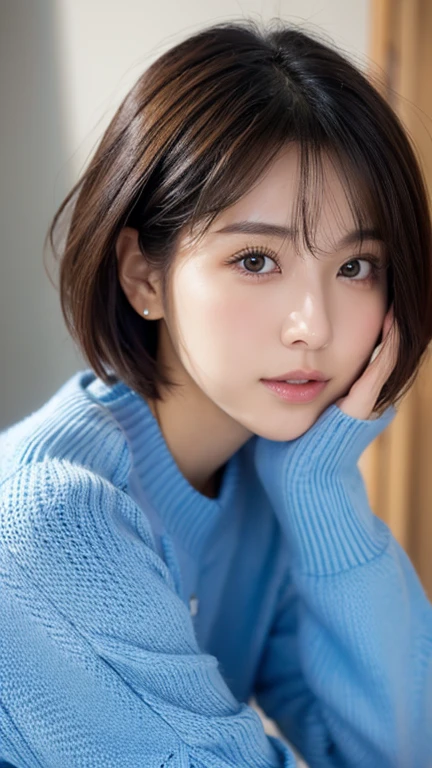 high resolution、Japanese women、Beauty、short hair、Blue sweater、Small face、Kissing Face、