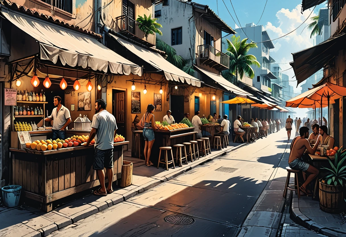tropical side street, palm, (market)/fruits/ bar, street food, people, people on the street, graphic style of novel comics, perfect hands, 2d, 8k, hyperrealism, masterpiece, high resolution, best quality, ultra-detailed, super realistic, Hyperrealistic art, high-quality, ultra high res, highest detailed, lot of details, Extremely high-resolution details, incredibly lifelike, colourful, soft cinematic light,
