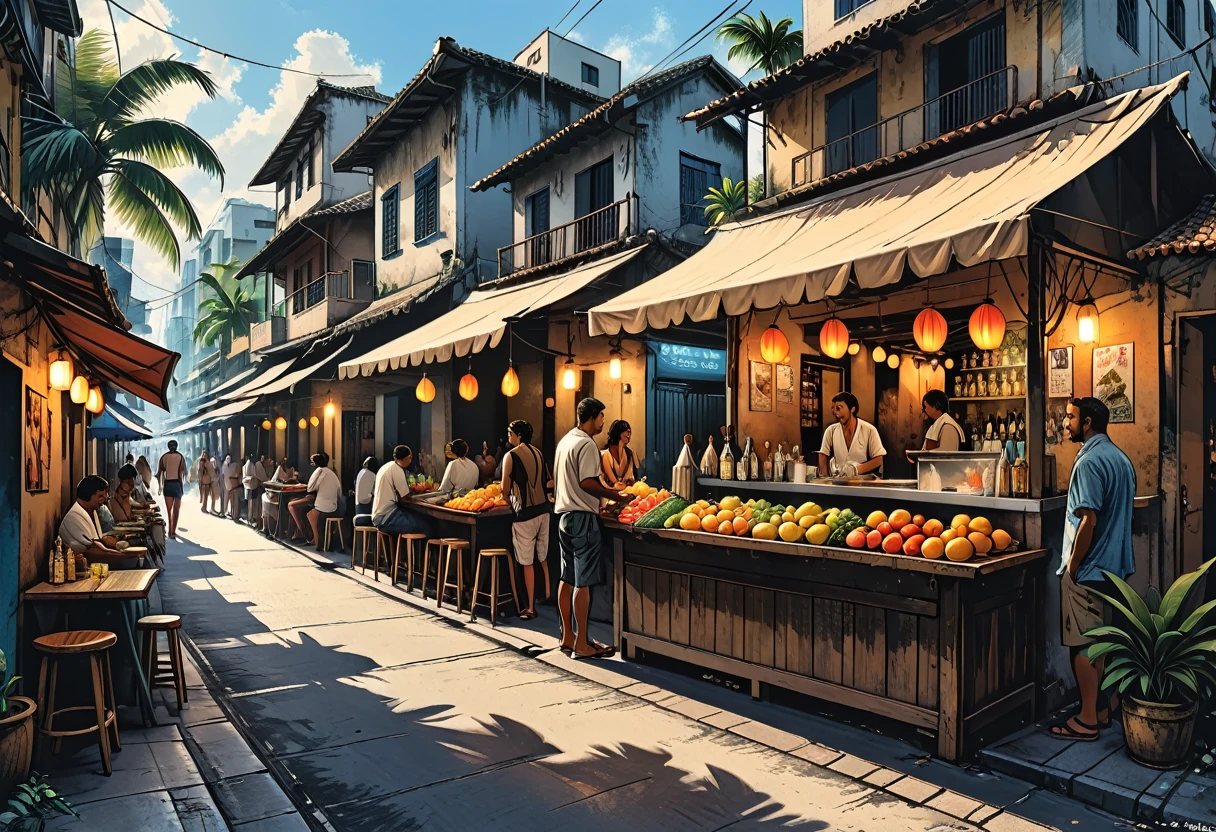 tropical side street, palm, (market)/fruits/ bar, street food, people, people on the street, graphic style of novel comics, perfect hands, 2d, 8k, hyperrealism, masterpiece, high resolution, best quality, ultra-detailed, super realistic, Hyperrealistic art, high-quality, ultra high res, highest detailed, lot of details, Extremely high-resolution details, incredibly lifelike, colourful, soft cinematic light,
