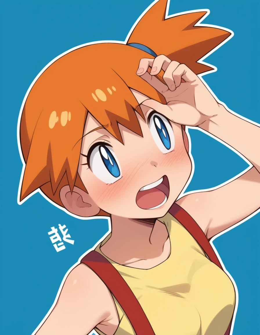 score_9, score_8_up, score_7_up, score_6_up, score_5_up, zPDXL2, max detail, 4k wallpaper, masterpiece, best quality, absurdres, highres, dynamic angle, dynamic pose, source_anime, PokemonStyle, pokemon \(anime\), pokemon \(classic anime\), flat color,
1girl, solo, misty (pokemon), open mouth, orange hair, blue eyes, upper body, suspenders, side ponytail, breasts, teeth, blush, outline, shirt, short hair, yellow shirt, blue background, simple background, sleeveless, bangs, looking to the side, upper teeth only, bright pupils, bare shoulders, sleeveless shirt, character name, tongue
