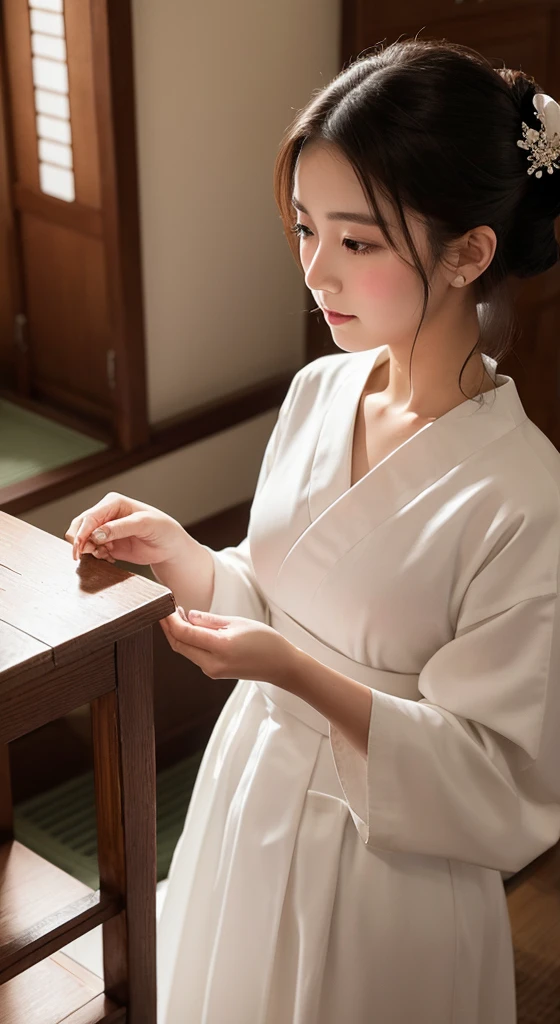 A woman vomits a large amount of that was in her mouth、Beauty、White formal wear、Edo Period、No exposure、Cup