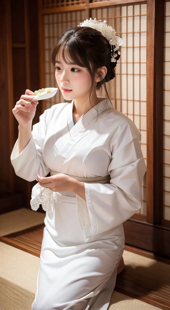 A woman vomits a large amount of that was in her mouth、Beauty、White formal wear、Edo Period、No exposure、Cup