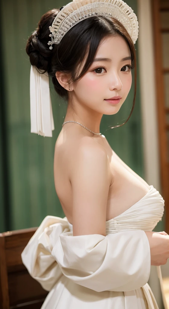 A woman vomits a large amount of that was in her mouth、Beauty、White formal wear、Edo Period、No exposure、Cup