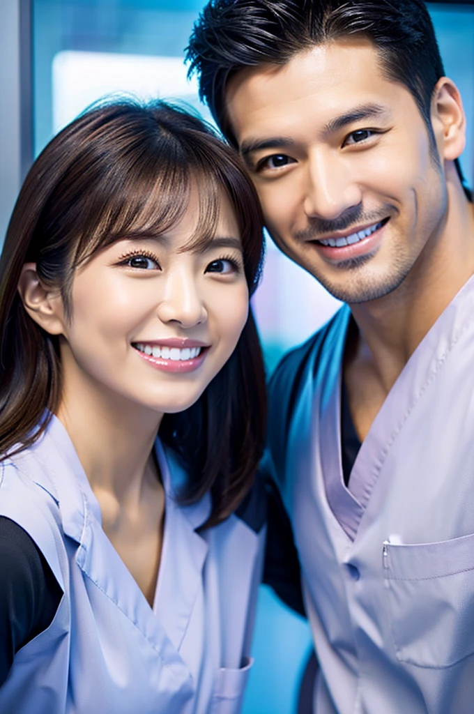 Male dentist and female dental hygienist　２people　A good business partner　日本people　Handsome Men and Beautiful Women　　Upper body close-up　high resolution　high resolution　Highest quality　smile　　Everyone wears black scrubs