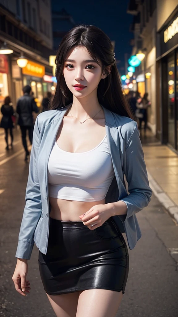 (8k, best quality, masterpiece:1,2), (realistic, photo-realistic:1,37), top quality, masterpiece, a beautiful woman, wearing a shirt for women crop v neck top white t-shirt korean fashion women t with a tight open gray color jacket, beautiful and toned body, cleavage, floral mini skirt, walking in the suburbs, slightly drizzling night background, in shops with Korean-style shop lights, night atmosphere, slightly wet asphalt, seductive smiles with dimples,