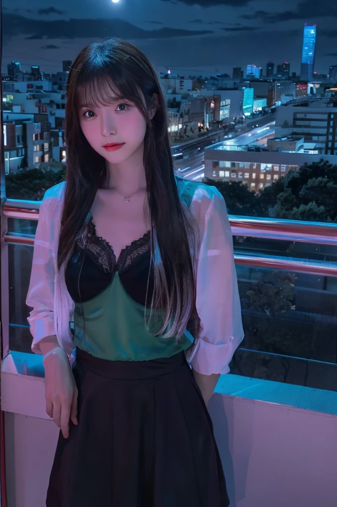 (masterpiece:1.3), (best quality:1.1), (8k, ultra detailed, ultra high res:1.2), ((anime style)), perfect 5 fingers, perfect anatomy,
1girl,
BREAK long hair, wavy hair, black blouse,
black hair,
(small breasts)
BREAK looking at viewer,
cowboy shot,
standing, leaning back,
(detailed background:1.2), outdoor, outside, ((Night city view, rooftop:1.3)),