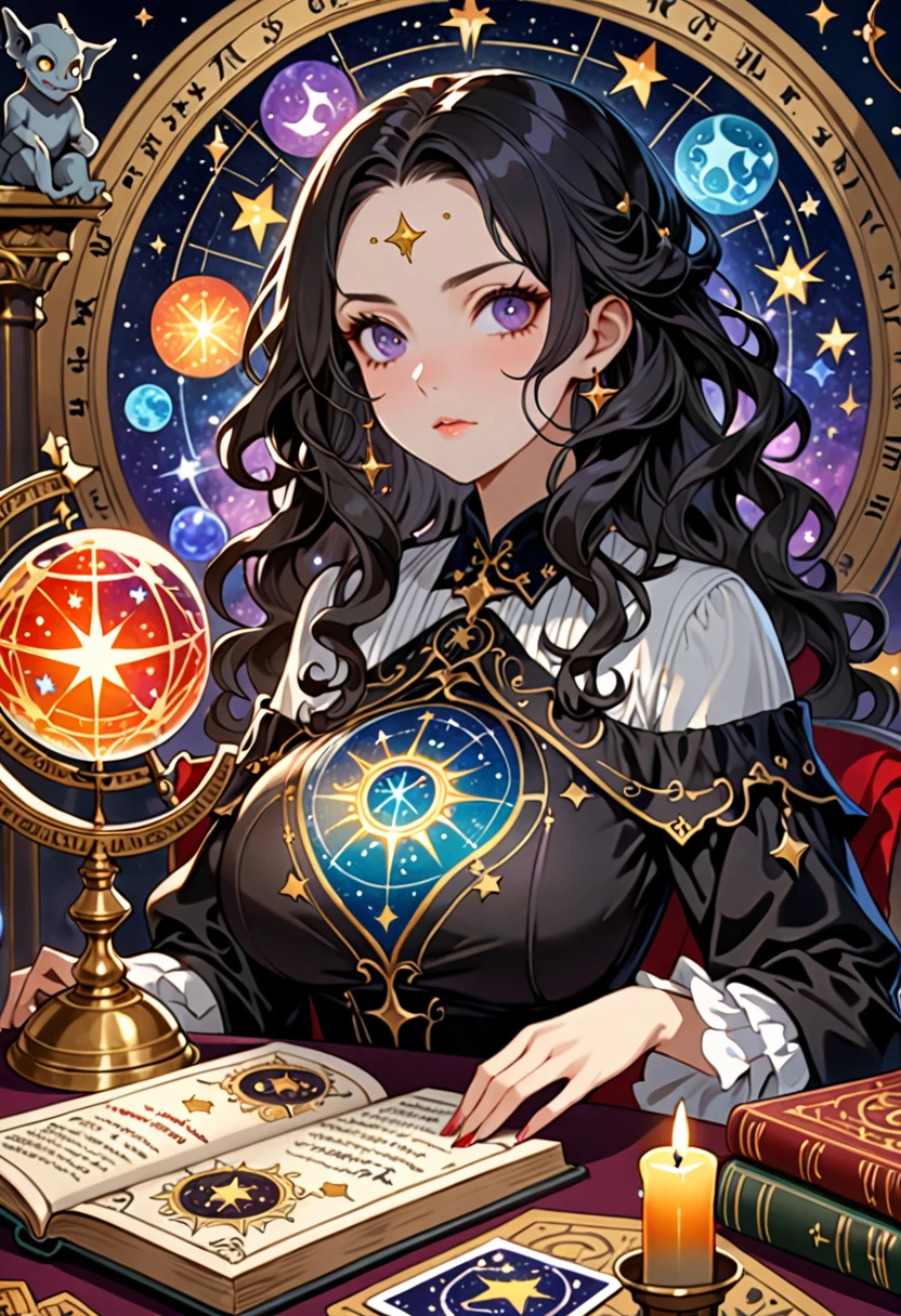 Highest quality, 16K, Unbelievably absurd, Very detailed, 2.5D, delicate and dynamic, , formal, Fortune Telling Hut, Gothic, candle, Astrology Books, Suspicious ornament, Star Chart, Thick book, Creepy Paintings, Gargoyle, A colorful celestial globe, Small face, Very delicate facial expressions, Delicate eye depiction, Upper body close-up, erotic, One sexy woman, Cool woman, black long wavy hair, Healthy body shape, 25-year-old woman, Cool woman, Height: 170cm, huge bouncing busts, astrologer, Horoscope, Tarot Cards, Suspicious look, A complex magician&#39;s outfit, Magician&#39;s outfit in chic colors, garter belt, Fishnet tights, Magician&#39;s Shoes, At the desk, Fortune telling, 