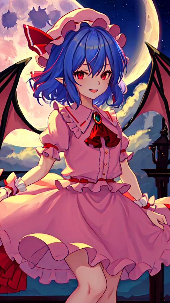 best quality, masterpiece, highres, solo, {remilia_scarlet_touhou:1.15}, red_eyes, short_hair, bat_wings, wings, ribbon, hat, blue_hair, mob_cap, hair_between_eyes, hat_ribbon, bangs, smile, upper_body, red_ribbon, 1girl, full_moon, looking_at_viewer, moon, night, outdoors, pink_headwear, puffy_short_sleeves, puffy_sleeves, red_moon, shirt, short_sleeves, sky, ascot, frilled_shirt_collar, frills, night_sky, open_mouth, pink_skirt, purple_hair, red_ascot, skirt, wrist_cuffs, bow, cloud, pink_dress, red_bow