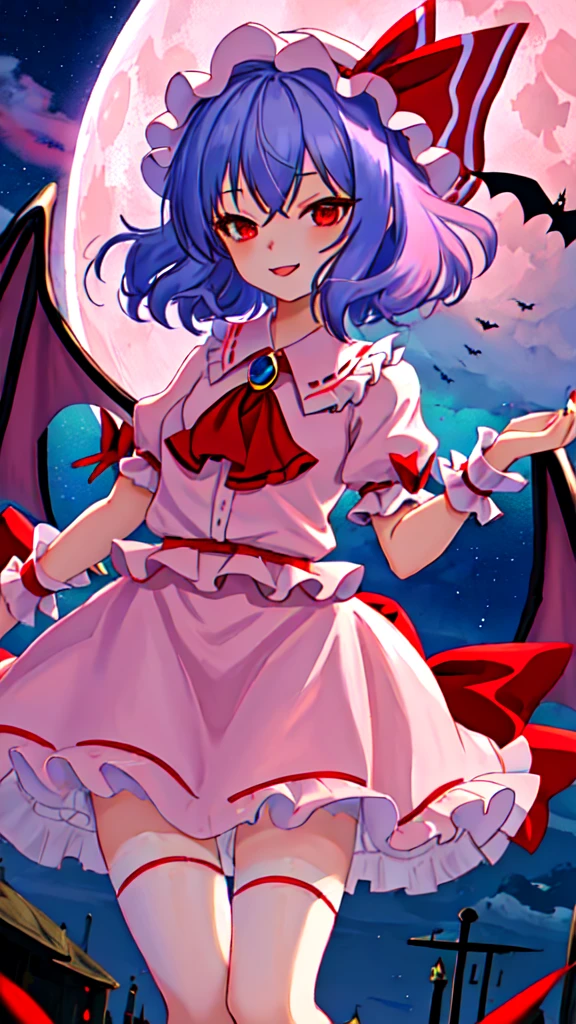 best quality, masterpiece, highres, solo, {remilia_scarlet_touhou:1.15}, red_eyes, short_hair, bat_wings, wings, ribbon, hat, blue_hair, mob_cap, hair_between_eyes, hat_ribbon, bangs, smile, upper_body, red_ribbon, 1girl, full_moon, looking_at_viewer, moon, night, outdoors, pink_headwear, puffy_short_sleeves, puffy_sleeves, red_moon, shirt, short_sleeves, sky, ascot, frilled_shirt_collar, frills, night_sky, open_mouth, pink_skirt, purple_hair, red_ascot, skirt, wrist_cuffs, bow, cloud, pink_dress, red_bow