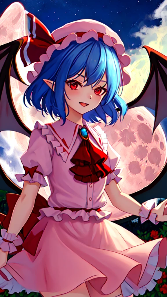 best quality, masterpiece, highres, solo, {remilia_scarlet_touhou:1.15}, red_eyes, short_hair, bat_wings, wings, ribbon, hat, blue_hair, mob_cap, hair_between_eyes, hat_ribbon, bangs, smile, upper_body, red_ribbon, 1girl, full_moon, looking_at_viewer, moon, night, outdoors, pink_headwear, puffy_short_sleeves, puffy_sleeves, red_moon, shirt, short_sleeves, sky, ascot, frilled_shirt_collar, frills, night_sky, open_mouth, pink_skirt, purple_hair, red_ascot, skirt, wrist_cuffs, bow, cloud, pink_dress, red_bow