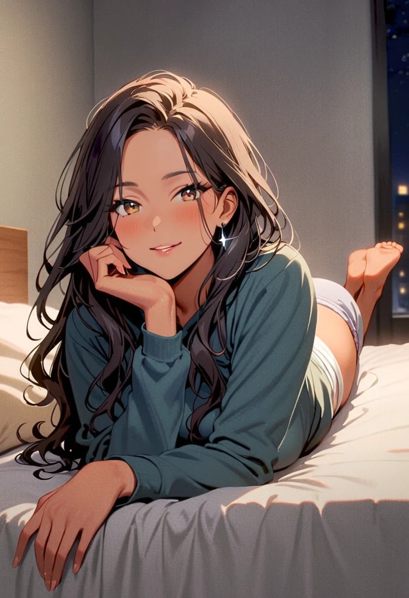 a woman, solo, mature face, average height, tan skin, (long black wavy hair that's parted in the middle, no baby's:1.2), brown eyes, warm smile, dark blue hoodie, gray shorts, small silver earrings, white shoes, woman laying on stomach, full body shot, night, bed, hands propping up chin