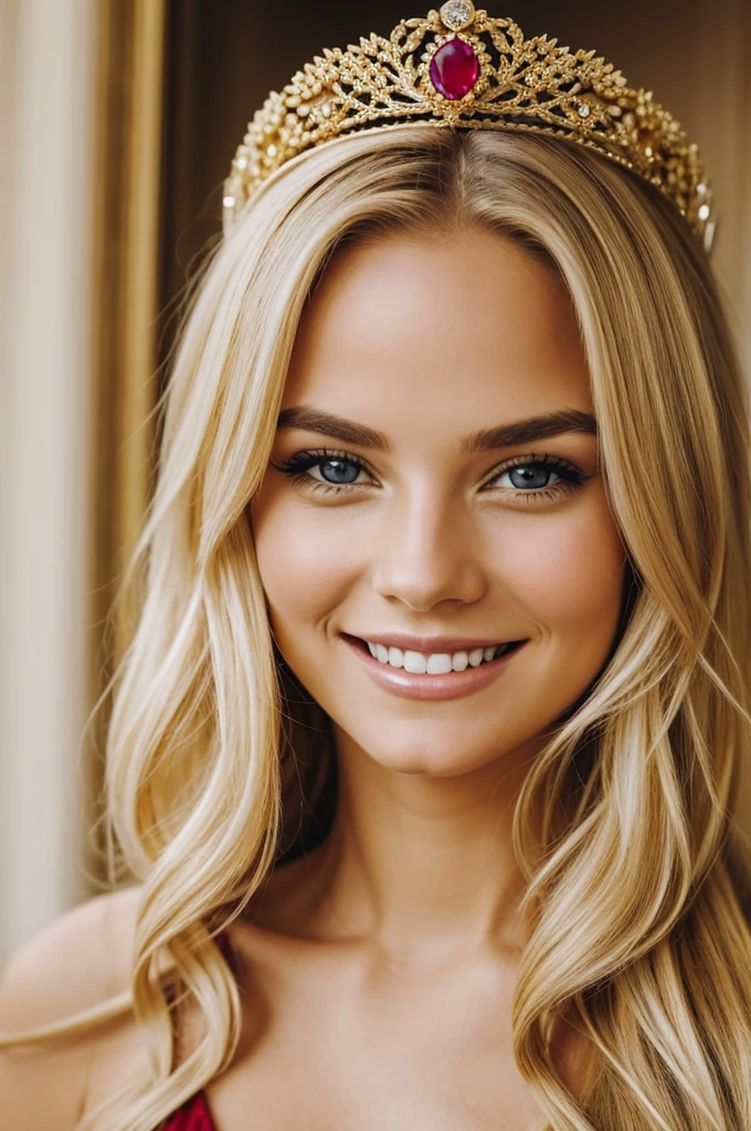Portrait of beautiful blonde girl with a smile and wearing a gold diadem with a big ruby 