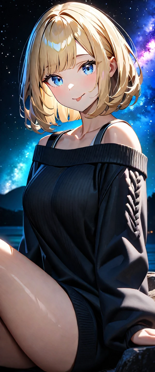 ((stick out tongue)), ((off-shoulder sweater:1.3, Quite thick shoulder straps)), ((black sweater)), ((Aran sweater)), (((bare legs))), from side, ((((upper body)))), ((Leaning to side)), (((a beautiful starry sky, the Milky Way shining beautifully in the night))), ((sitting on the very high cliff)), wavy hair, inward curled hair, sea, ((blond hair, bob cut:1.3)), breasts, teenager, (looking at viewer), oversized clothes, puffy long sleeves, collarbone, head tilt:1.3, (((blue eyes))), happy smile, (((anime style))), (best quality, 4K, 8K, highres, masterpiece:1.2, ultra-detailed, ultra-detailed eyes, HDR, uhd, studio lighting, ultra-fine painting, sharp focus, physically-based rendering, extreme detail description, professional, vivid colors, bokeh)