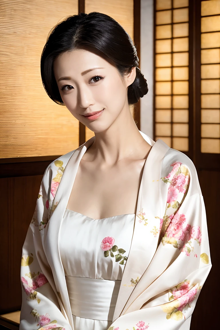 (Highest quality、Tabletop、8K、Best image quality、Award-winning works)、(1 Beautiful Mature Woman:1.1)、(Innkeeper:1.1)、(Elegant floral kimono:1.2)、(Long, high-quality kimono:1.2)、(A perfect and precise V-neck kimono:1.2)、Perfect Mature Woman Portrait Photo、Glowing Skin、Standing Elegantly、(Blurred elegant luxury hotel background:1.3)、Glowing White Skin、Very beautiful skin、(Accentuate your body lines:1.1)、(The most elegant posture:1.2)、(Cleavage:1.2)