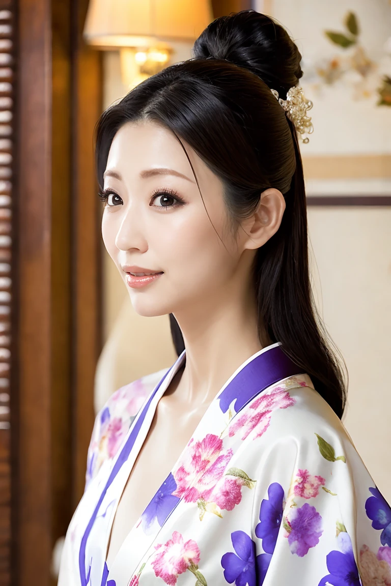 (Highest quality、Tabletop、8K、Best image quality、Award-winning works)、(1 Beautiful Mature Woman:1.1)、(Innkeeper:1.1)、(Elegant floral kimono:1.2)、(Long, high-quality kimono:1.2)、(A perfect and precise V-neck kimono:1.2)、Perfect Mature Woman Portrait Photo、Glowing Skin、Standing Elegantly、(Blurred elegant luxury hotel background:1.3)、Glowing White Skin、Very beautiful skin、(Accentuate your body lines:1.1)、(The most elegant posture:1.2)、(Cleavage:1.2)