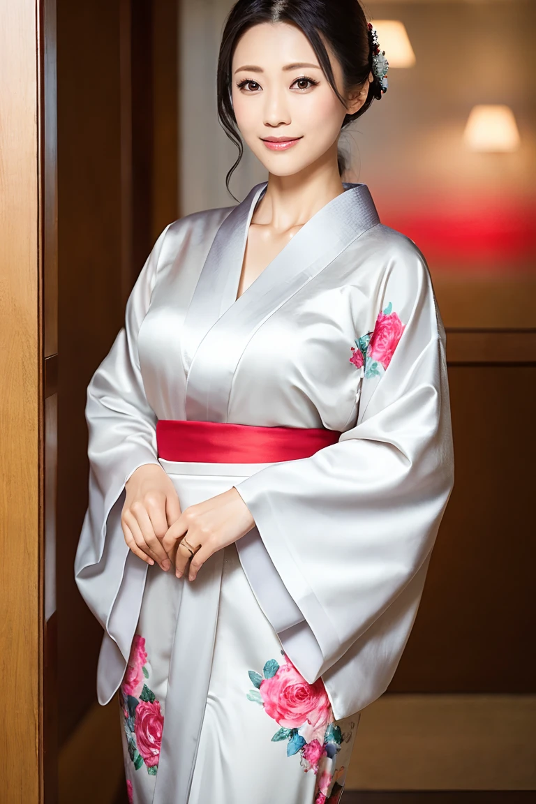(Highest quality、Tabletop、8K、Best image quality、Award-winning works)、(1 Beautiful Mature Woman:1.1)、(Innkeeper:1.1)、(Elegant floral kimono:1.2)、(Long, high-quality kimono:1.2)、(A perfect and precise V-neck kimono:1.2)、Perfect Mature Woman Portrait Photo、Glowing Skin、Standing Elegantly、(Blurred elegant luxury hotel background:1.3)、Glowing White Skin、Very beautiful skin、(Accentuate your body lines:1.1)、(The most elegant posture:1.2)、(Cleavage:1.2)