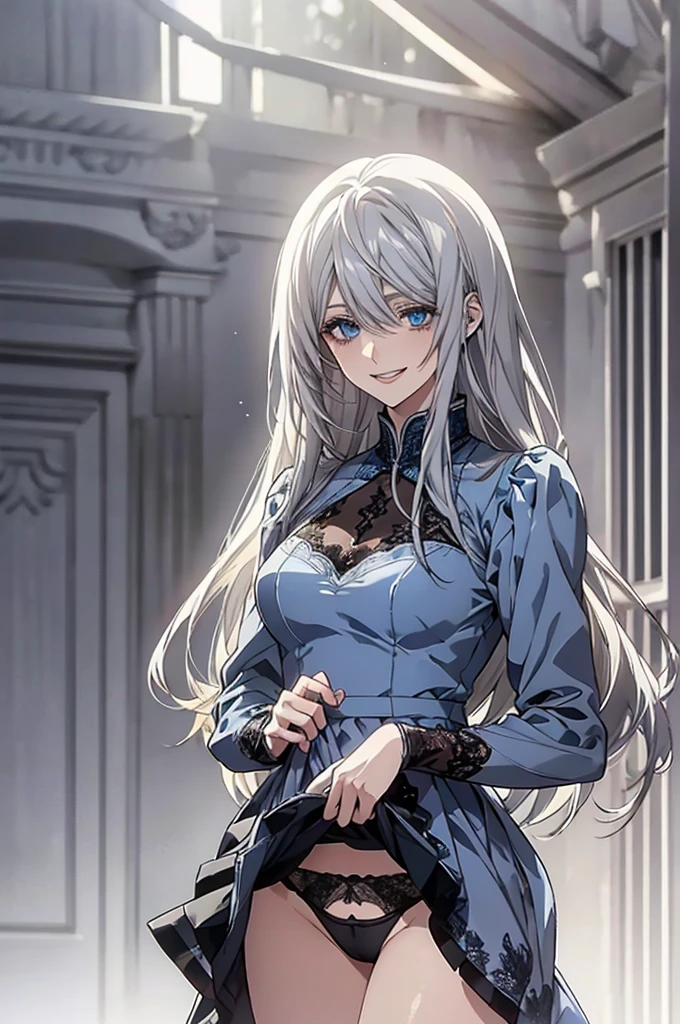 (Highest quality, High resolution, Very detailed), Beautiful and elegant light blue eyes, Silver Hair, Cold Smile, Long Hair, Blue Party Dresses, Formal Wear, lace thong, 27 years old, Cruel smile, Calm, secretary, Pale complexion, Calm, venue, Blue long sleeve dress,