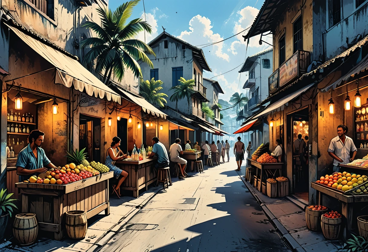tropical side street, palm, (market), fruits, bar, street food, people, people on the street, dead end, graphic style of novel comics, perfect hands, 2d, 8k, hyperrealism, masterpiece, high resolution, best quality, ultra-detailed, super realistic, Hyperrealistic art, high-quality, ultra high res, highest detailed, lot of details, Extremely high-resolution details, incredibly lifelike, colourful, soft cinematic light,