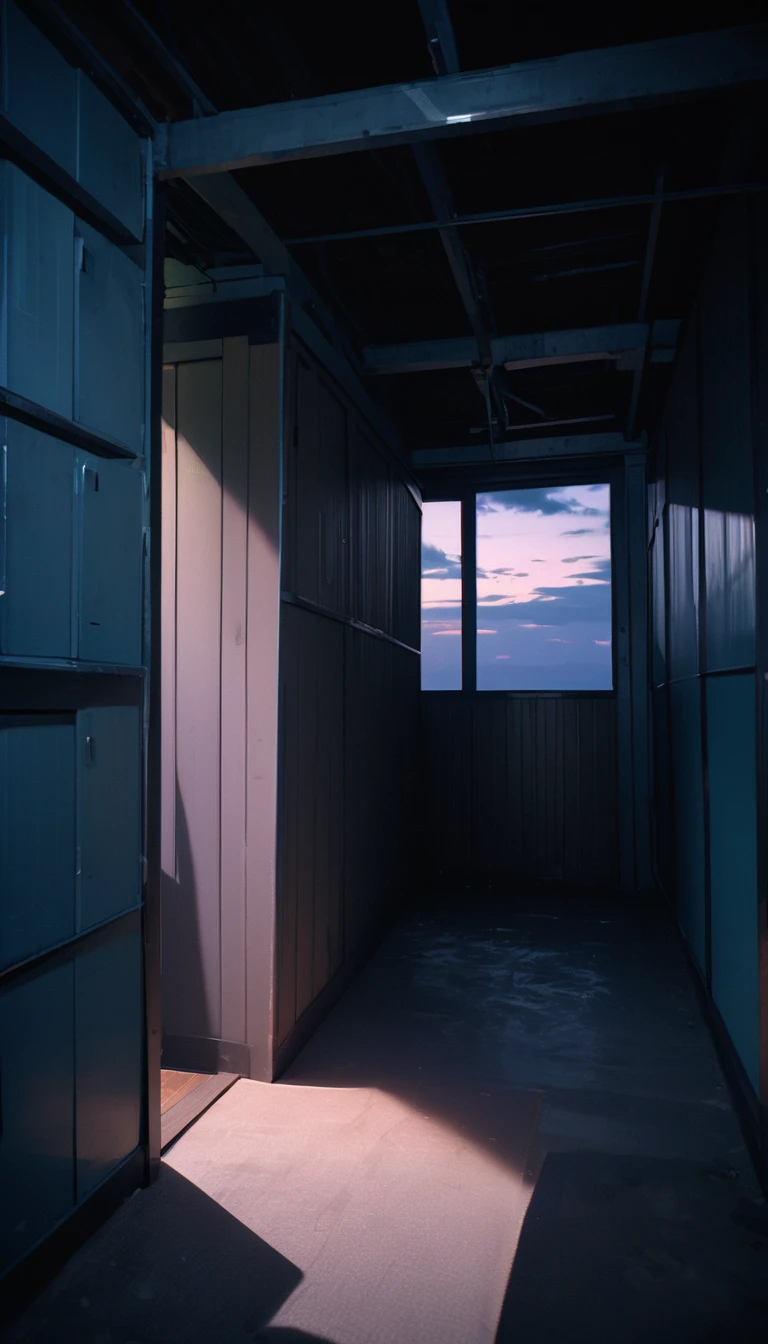 (8K, RAW photos, best quality, masterpiece: 1.4), (((5 square meters of secret room)),Ultra-high resolution, Extremely detailed, Dim Lights, Close-up of shelf, High-quality shadows, Natural Lighting, (White highlights:1.2), night, cloudy day, (A one-meter-wide bed:1.2), (Metal walls all around:1.2)