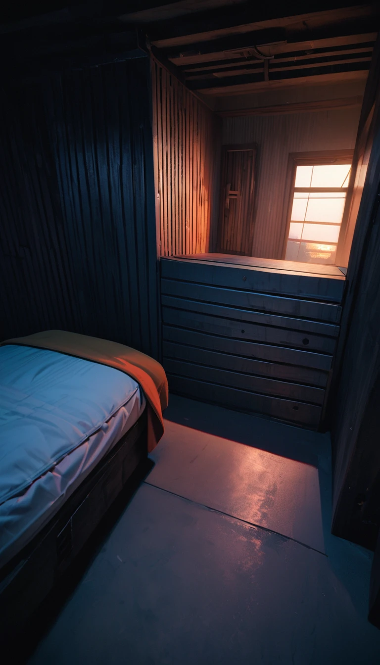 (8K, RAW photos, best quality, masterpiece: 1.4), (((5 square meters of secret room)),Ultra-high resolution, Extremely detailed, Dim Lights, Close-up of shelf, High-quality shadows, Natural Lighting, (White highlights:1.2), night, cloudy day, (A one-meter-wide bed:1.2), (Metal walls all around:1.2)