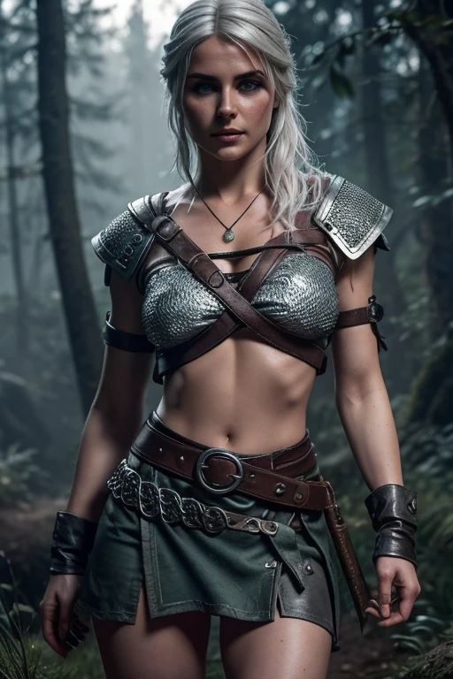 Ciri from The Witcher in revealing clothes, in a chainmail metal thin gray top ultra-short iron top, almost naked body, lays life bare, pussy is covered by a very short belt, No skirt, bare legs, pussy covered with metal plates, almost naked in the forest art 3D realistically detailed ultragraphics HD quality super-realism, really