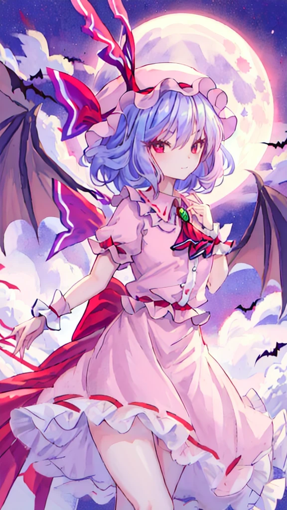 best quality, masterpiece, highres, solo, {remilia_scarlet_touhou:1.15}, red_eyes, short_hair, bat_wings, wings, ribbon, hat, blue_hair, mob_cap, hair_between_eyes, hat_ribbon, bangs, smile, upper_body, red_ribbon, 1girl, full_moon, looking_at_viewer, moon, night, outdoors, pink_headwear, puffy_short_sleeves, puffy_sleeves, red_moon, shirt, short_sleeves, sky, ascot, frilled_shirt_collar, frills, night_sky, open_mouth, pink_skirt, purple_hair, red_ascot, skirt, wrist_cuffs, bow, cloud, pink_dress, red_bow