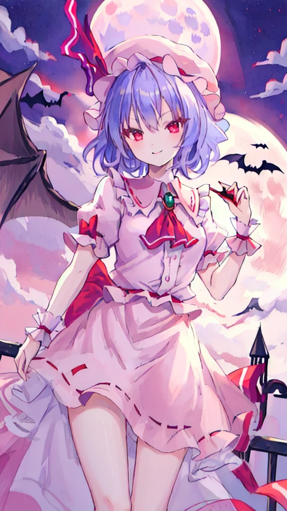 best quality, masterpiece, highres, solo, {remilia_scarlet_touhou:1.15}, red_eyes, short_hair, bat_wings, wings, ribbon, hat, blue_hair, mob_cap, hair_between_eyes, hat_ribbon, bangs, smile, upper_body, red_ribbon, 1girl, full_moon, looking_at_viewer, moon, night, outdoors, pink_headwear, puffy_short_sleeves, puffy_sleeves, red_moon, shirt, short_sleeves, sky, ascot, frilled_shirt_collar, frills, night_sky, open_mouth, pink_skirt, purple_hair, red_ascot, skirt, wrist_cuffs, bow, cloud, pink_dress, red_bow