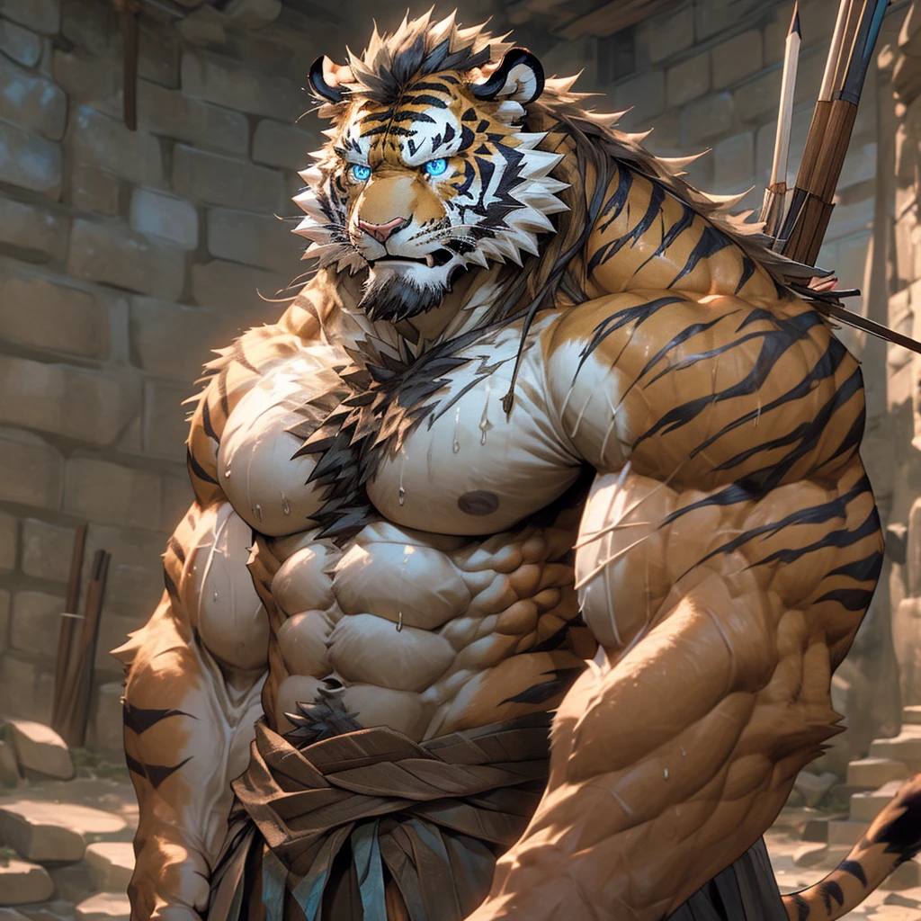 sweating a lot，muscular，Topless，Houses in the Stone Age，hairy，personification，chest hair，Serious face（scars in the face） Mature （blue eyes）Huge muscle ripped abs wild， Tribal ambitious tiger holding bow and arrow