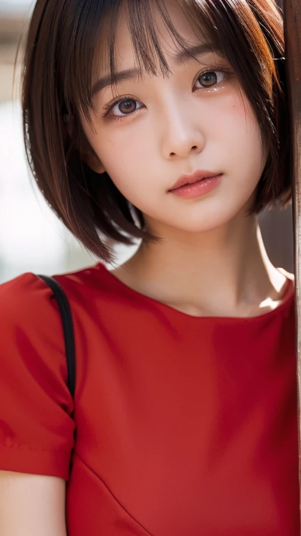 high resolution、Japanese women、Beauty、short hair、Red dress、Small face、Crying face